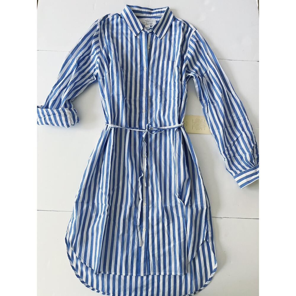 Striped Blue & White Shirt Midi Dress with Waist Tie